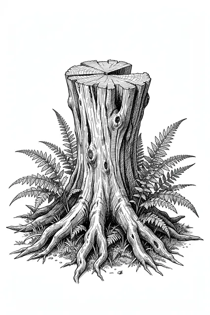A detailed pen and ink sketch of a gnarled tree stump surrounded by ferns and exposed roots on a white background