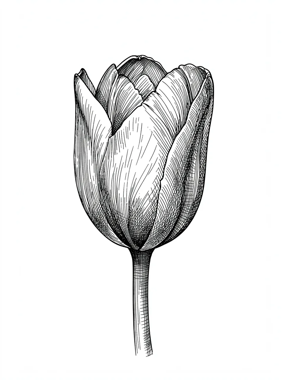 Detailed cross-hatched pen and ink drawing of a tulip bud about to open on plain white paper