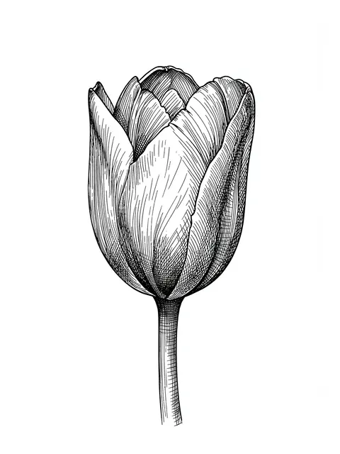 Detailed cross-hatched pen and ink drawing of a tulip bud about to open on plain white paper
