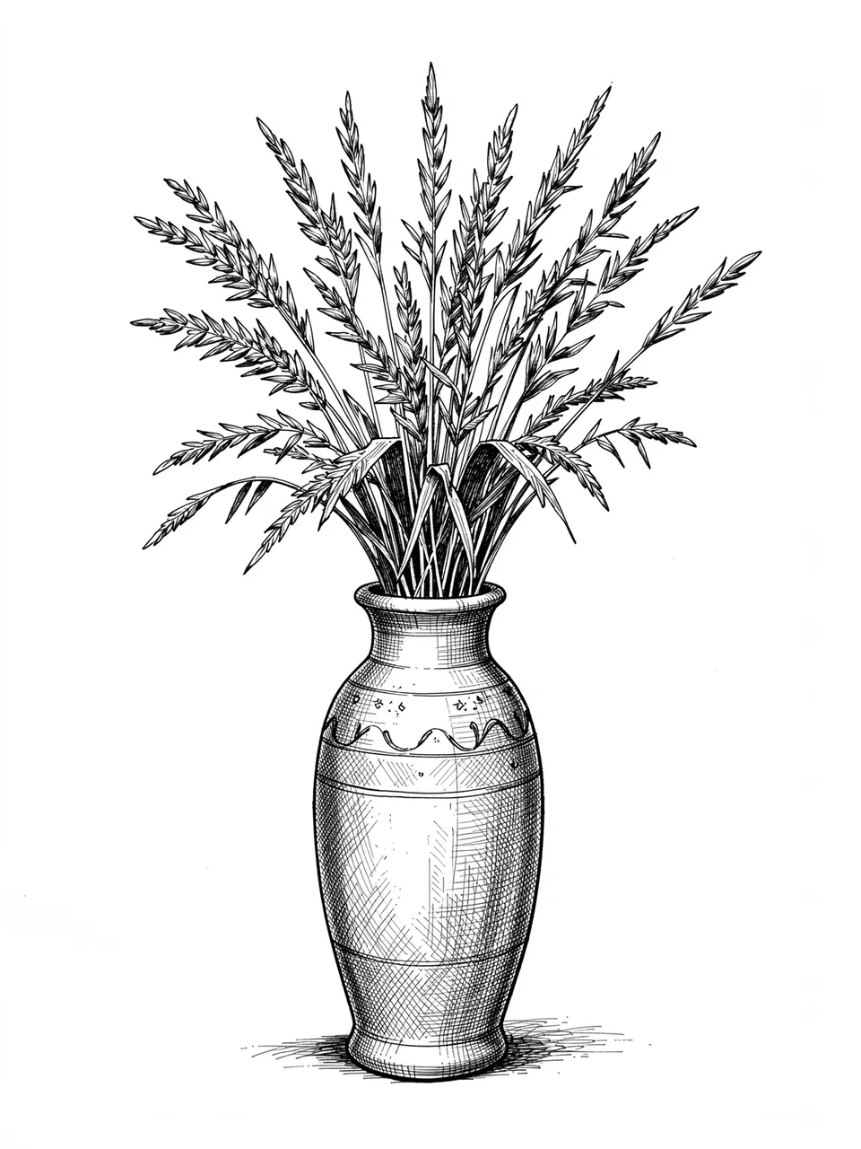 Cross-hatched pen and ink drawing of a tall ceramic vase holding dried grasses on a plain white background