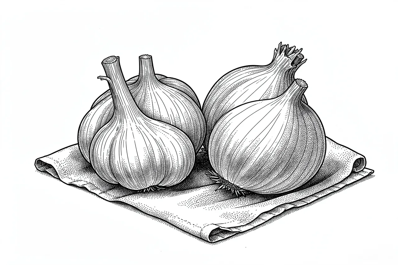 Pen and ink stippled drawing of garlic bulbs and onions resting on a folded cloth against a white background