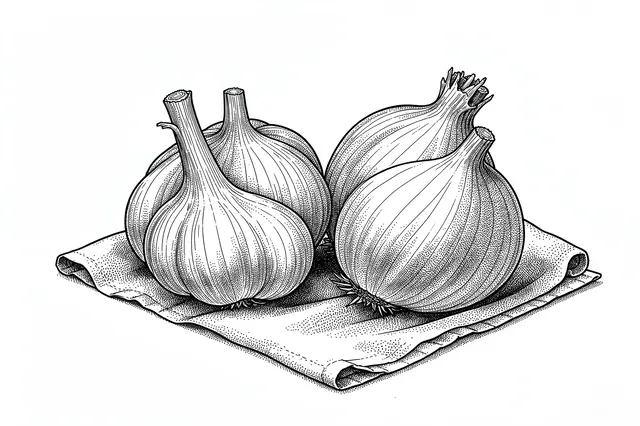 Pen and ink stippled drawing of garlic bulbs and onions resting on a folded cloth against a white background