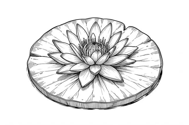 Detailed pen and ink drawing of a water lily resting on a round lily pad against a white background