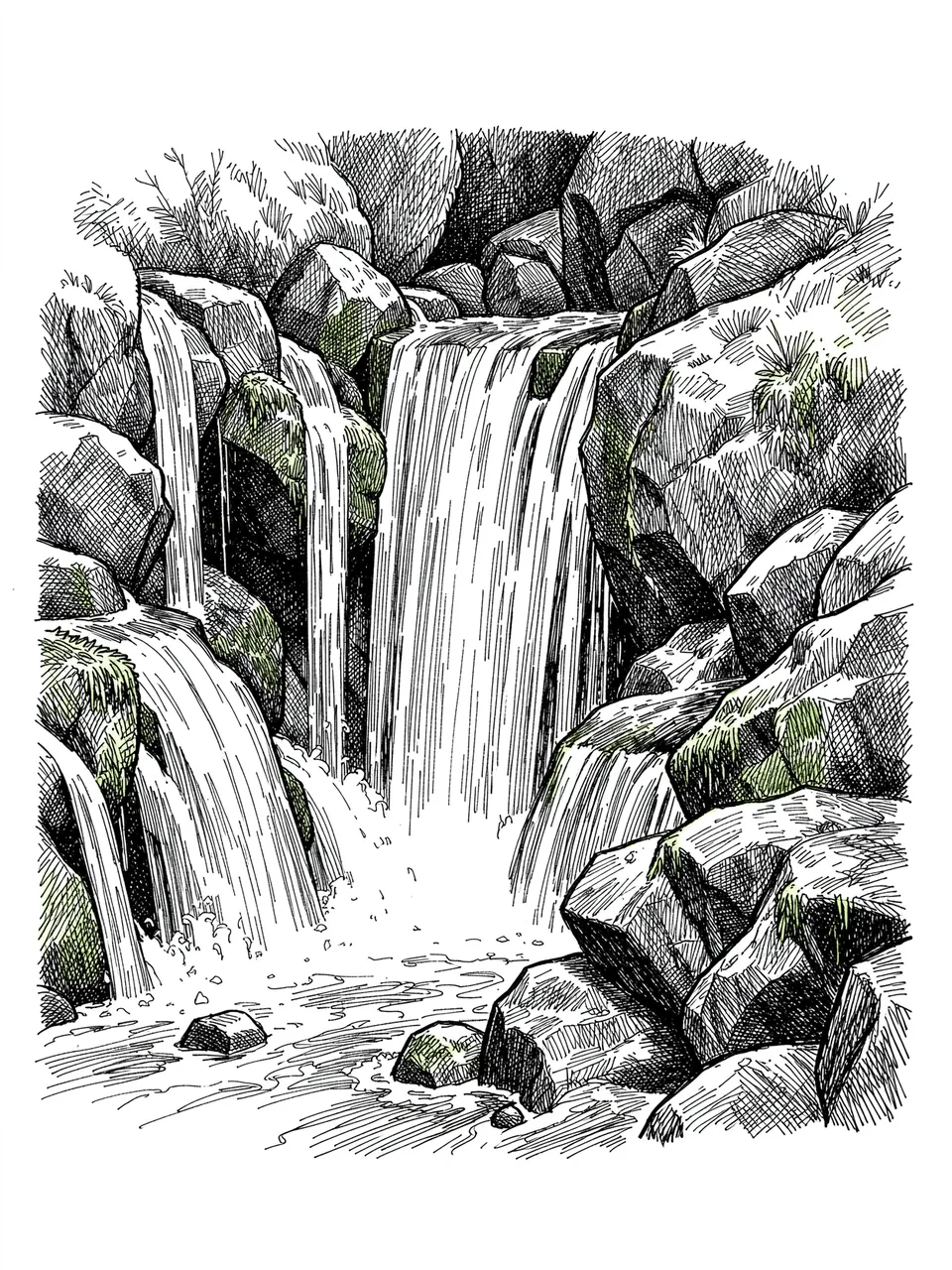 Pen and ink cross-hatch drawing of a cascading waterfall over mossy rocks on white paper