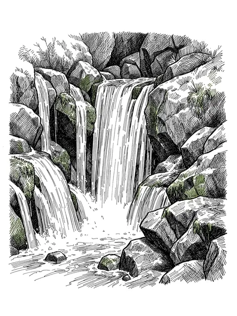 Pen and ink cross-hatch drawing of a cascading waterfall over mossy rocks on white paper