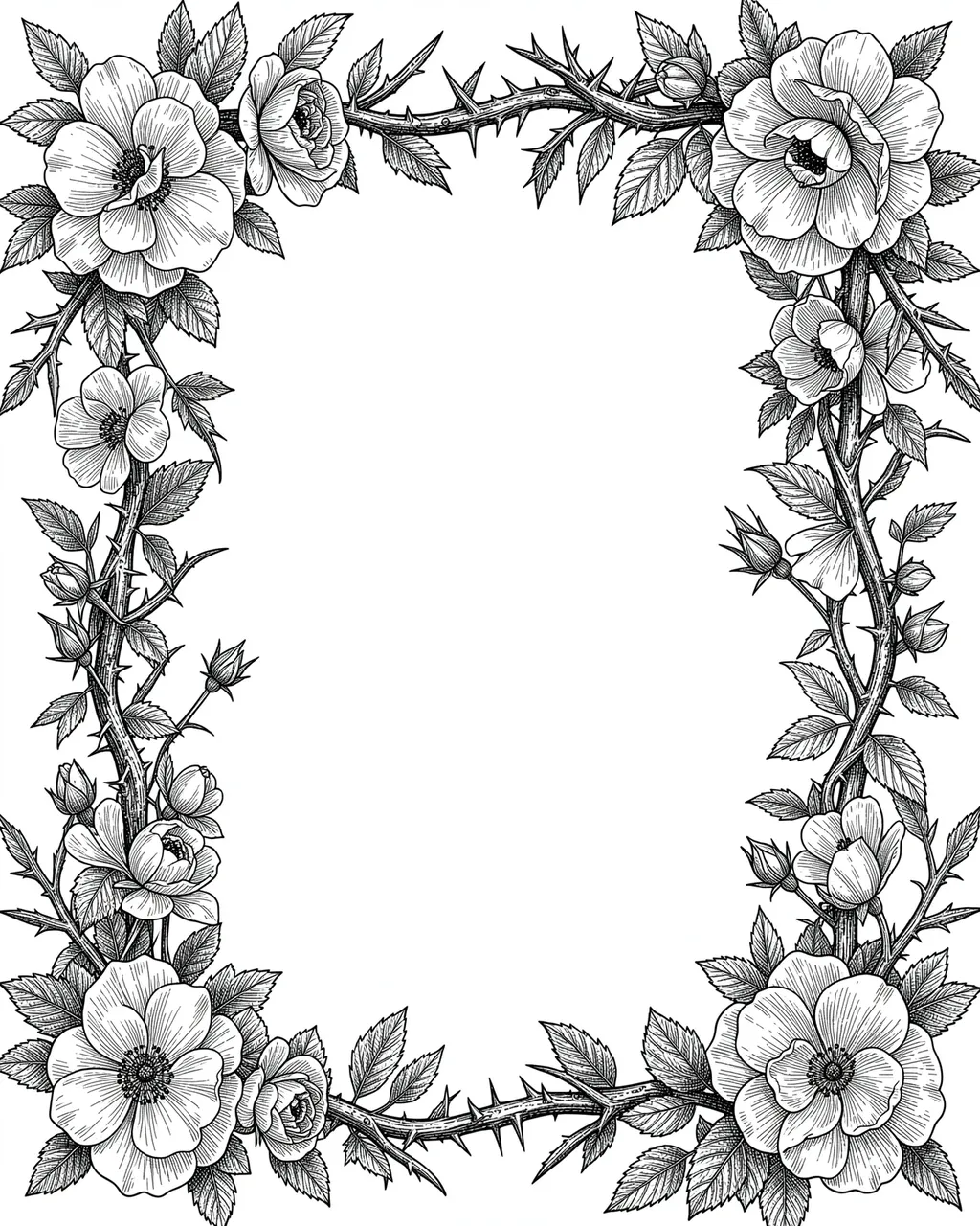 Fine hatching pen and ink illustration of a thorny wild rose frame surrounding empty white copy space