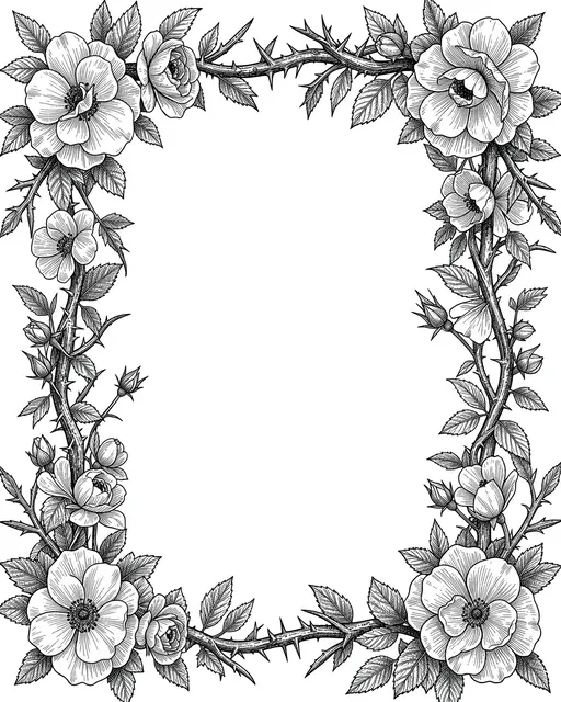 Fine hatching pen and ink illustration of a thorny wild rose frame surrounding empty white copy space