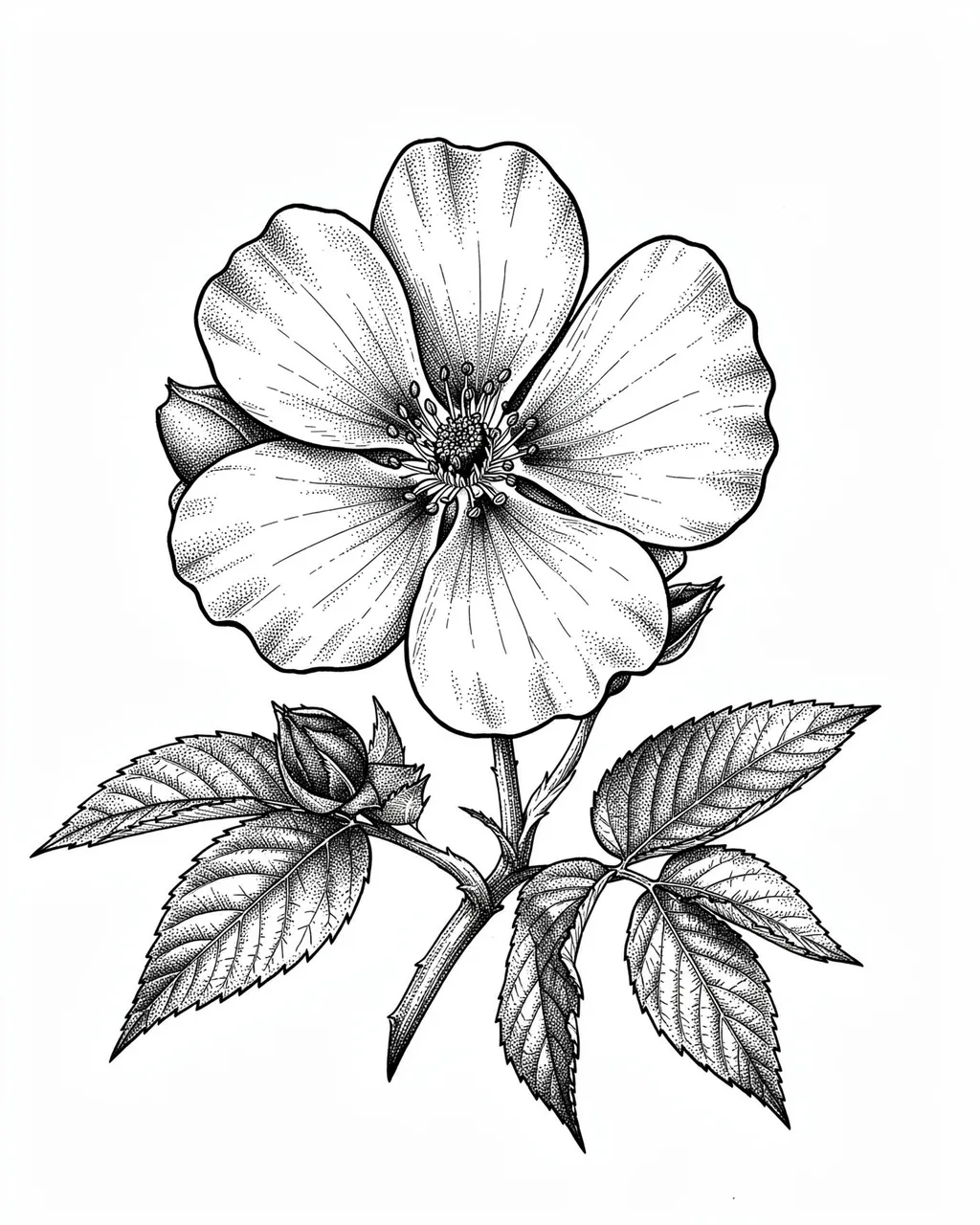 Detailed pen and ink stippled drawing of a five-petal wild rose with buds and leaves on white background