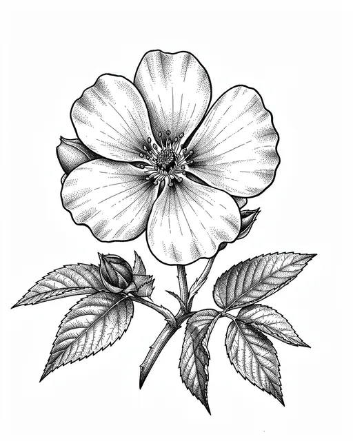 Detailed pen and ink stippled drawing of a five-petal wild rose with buds and leaves on white background