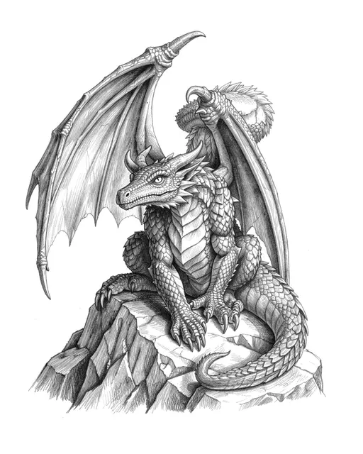 Detailed graphite pencil drawing of a scaled dragon perched on a rocky outcrop against a plain white background