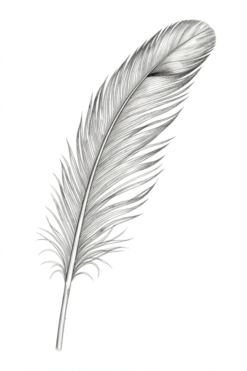 A detailed graphite pencil drawing of a long curving feather with soft barbs on plain white paper