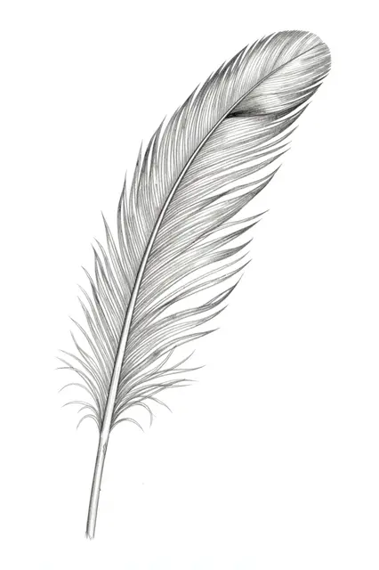 A detailed graphite pencil drawing of a long curving feather with soft barbs on plain white paper