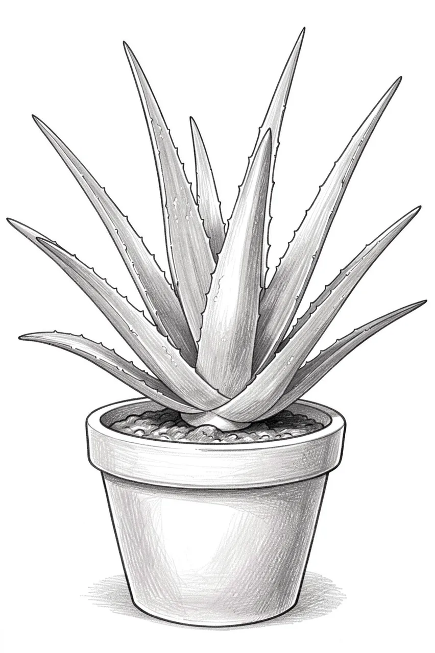 A graphite pencil sketch of a thick pointed aloe plant growing in a simple clay pot against a plain white background