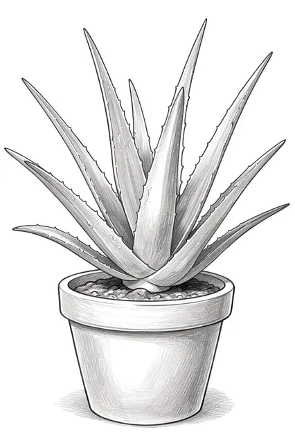 A graphite pencil sketch of a thick pointed aloe plant growing in a simple clay pot against a plain white background