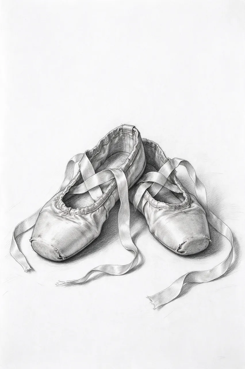 Detailed graphite pencil sketch of a pair of worn ballet pointe shoes with loose satin ribbons resting on white paper
