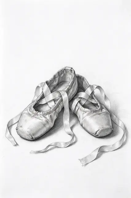 Detailed graphite pencil sketch of a pair of worn ballet pointe shoes with loose satin ribbons resting on white paper