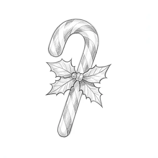 Light graphite sketch of a striped candy cane adorned with holly on plain white paper