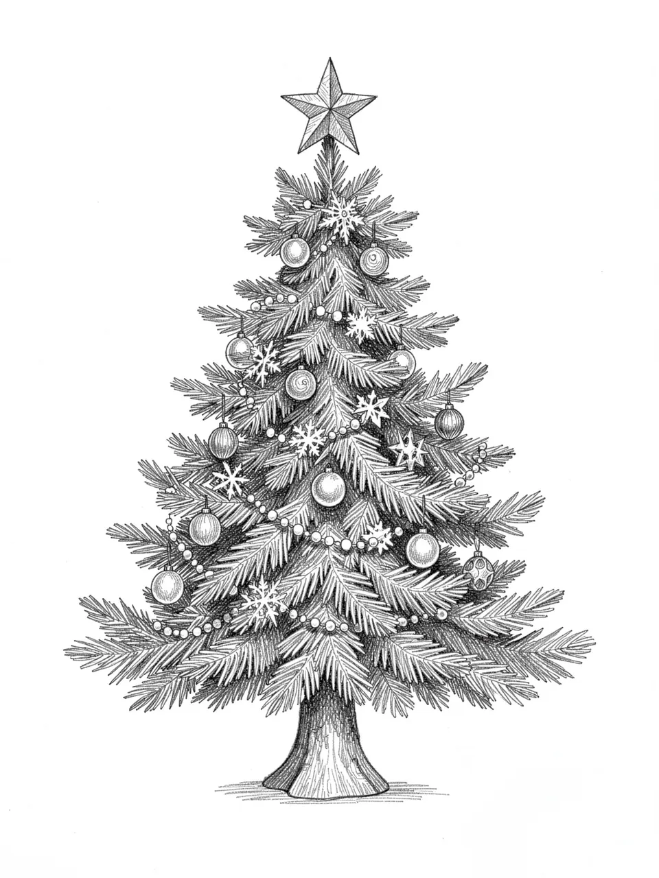 Detailed graphite pencil sketch of a decorated Christmas tree with a star topper on plain white paper