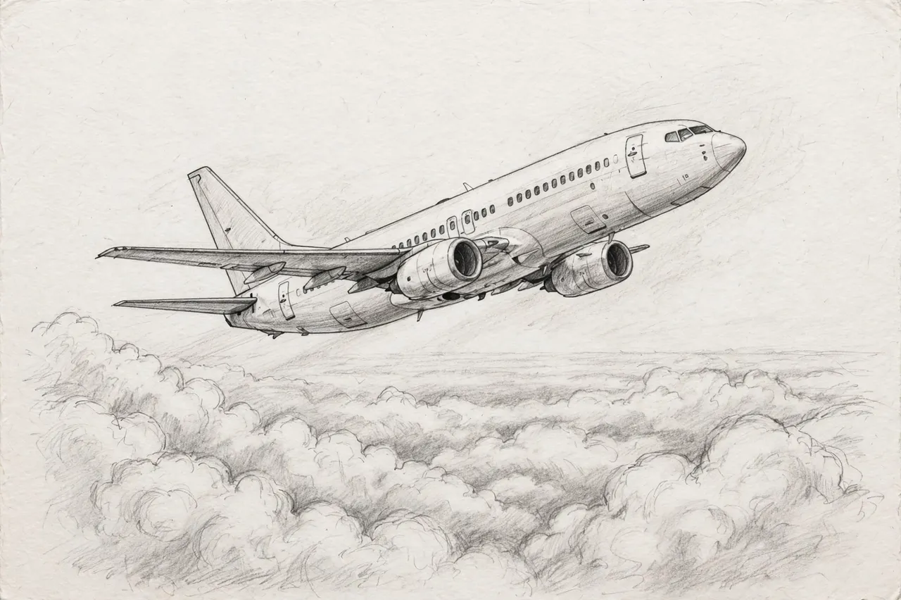Graphite side view sketch of a climbing passenger jet above a layer of fluffy clouds on off-white paper
