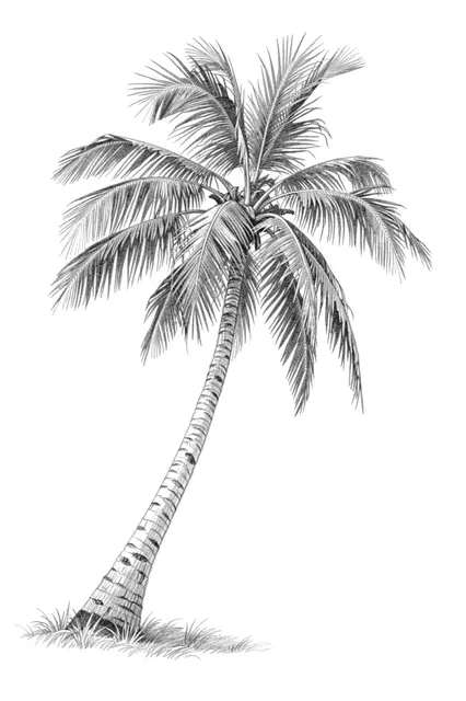 Graphite pencil sketch of a leaning coconut palm tree with wind-swept fronds on white paper