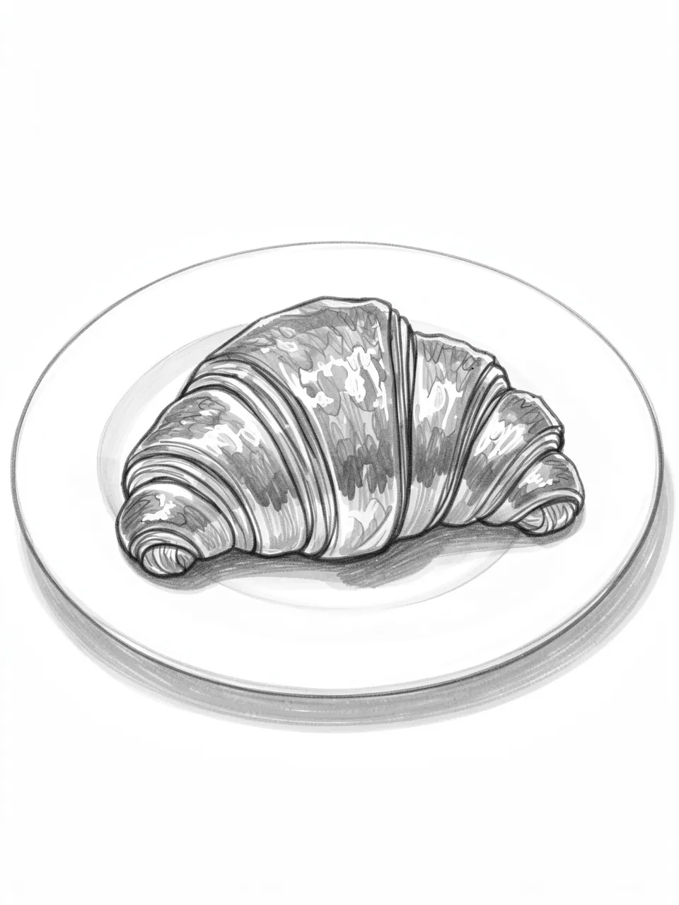 Graphite pencil sketch of a flaky croissant resting on a plain white plate