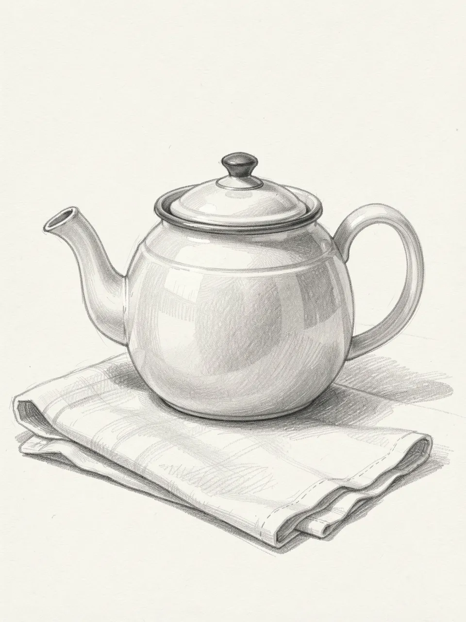 Graphite pencil sketch of a round enamel teapot resting on a folded linen napkin