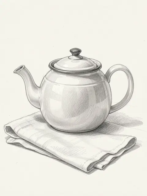 Graphite pencil sketch of a round enamel teapot resting on a folded linen napkin