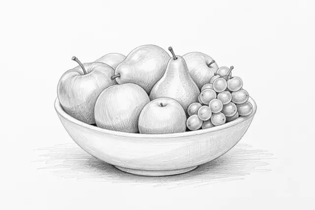 Graphite pencil sketch of a bowl filled with apples, pears, and grapes on white paper