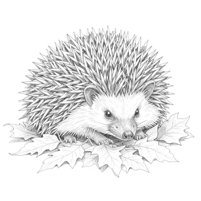 Detailed graphite pencil sketch of a hedgehog resting on clustered fallen maple leaves against white paper