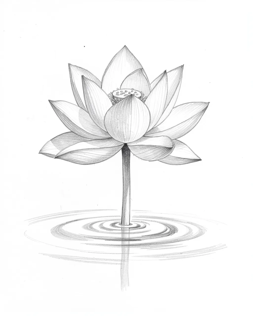 Detailed graphite pencil sketch of a blooming lotus rising above rippled still water on white paper