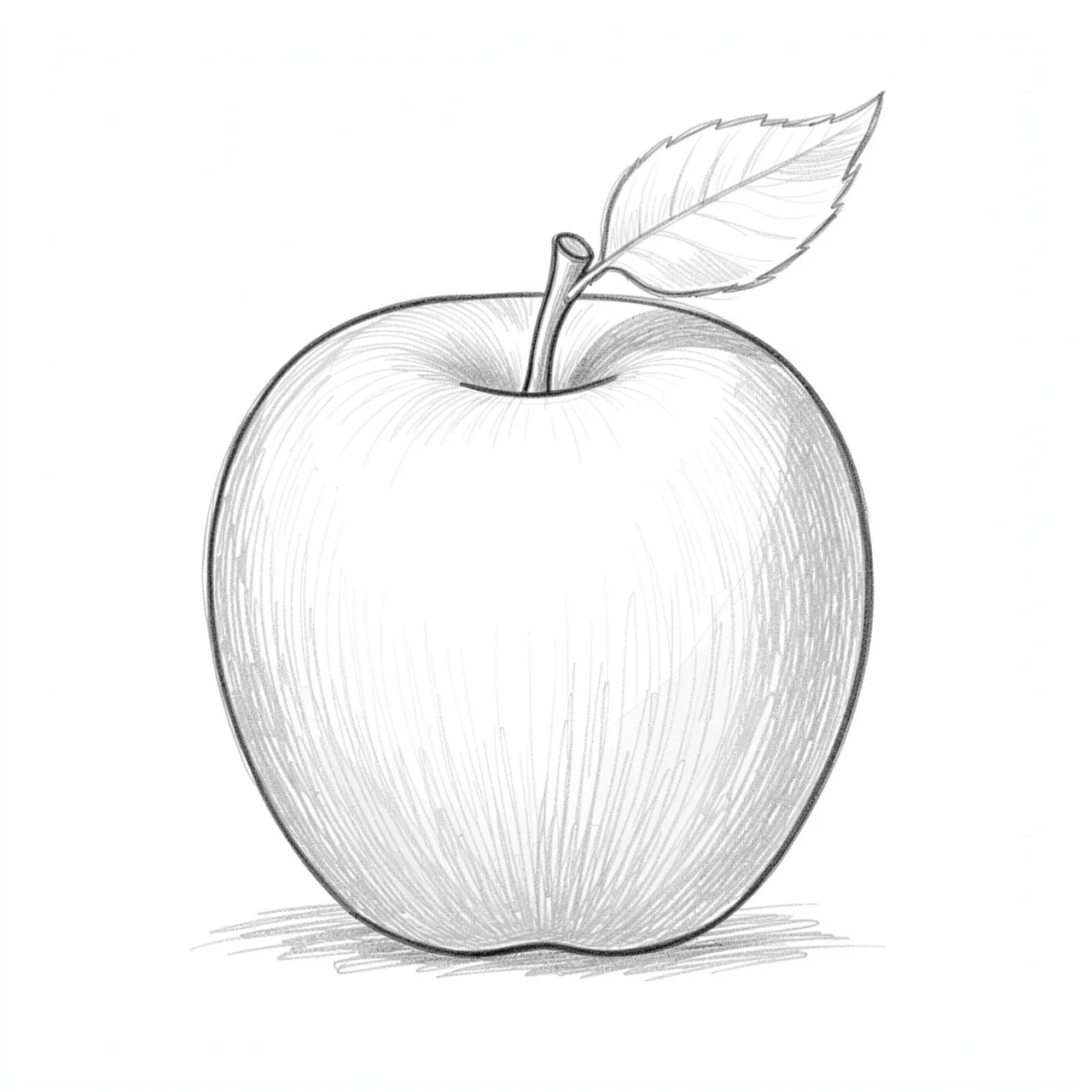 Light graphite pencil sketch of an apple with stem and leaf on plain white paper