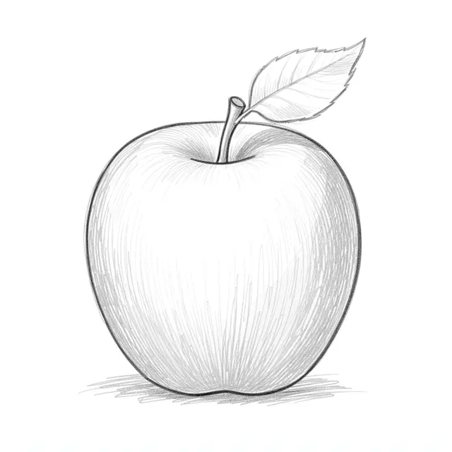 Light graphite pencil sketch of an apple with stem and leaf on plain white paper