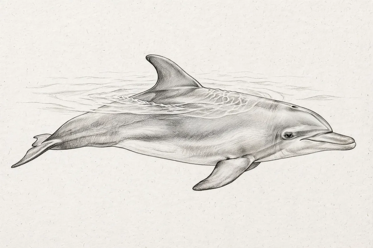 Graphite pencil sketch of a side view bottlenose dolphin swimming with soft water ripples on textured white paper