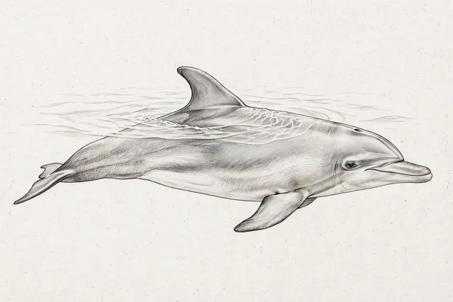 Graphite pencil sketch of a side view bottlenose dolphin swimming with soft water ripples on textured white paper