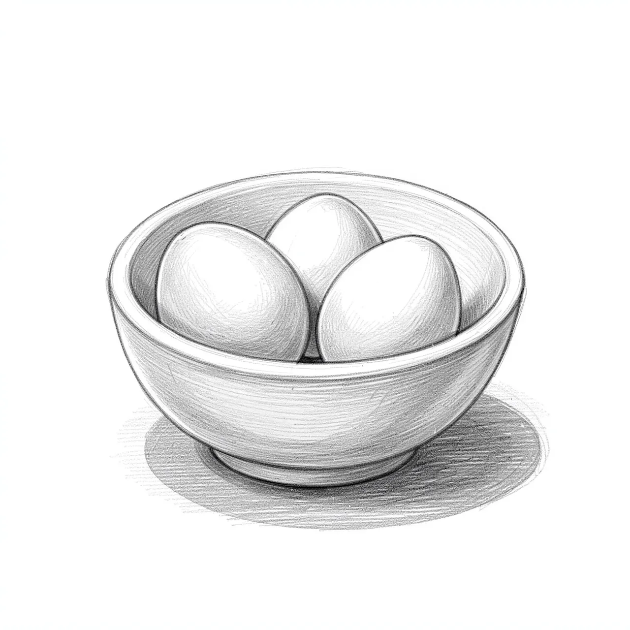 Graphite pencil sketch of three whole eggs resting inside a small ceramic bowl with a cast shadow on plain white paper
