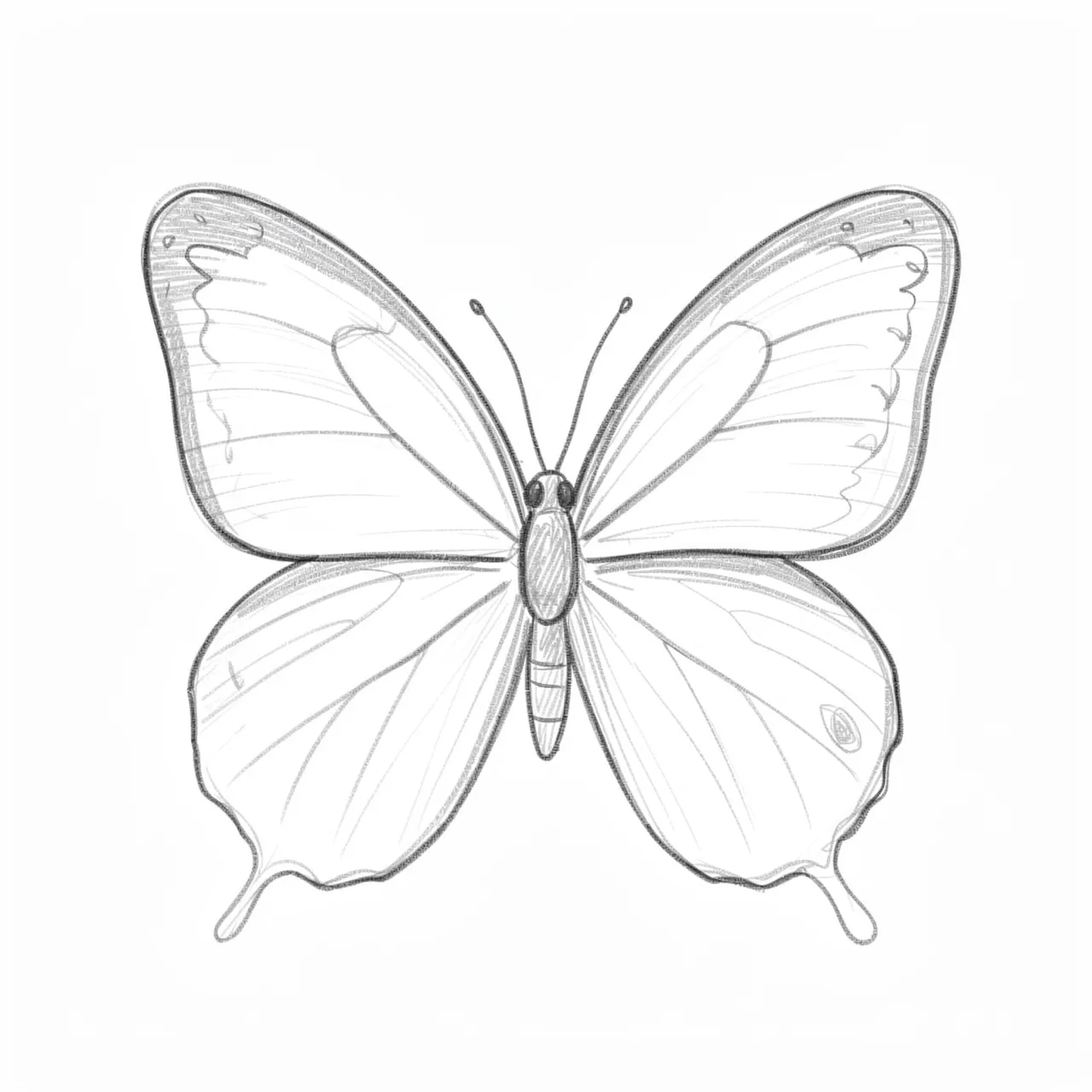 Light graphite pencil sketch of a symmetrical butterfly on plain white paper