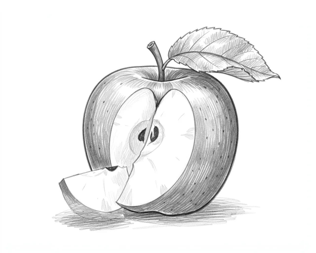 Detailed graphite pencil sketch of a whole apple with a removed slice, stem and leaf, on a plain white background