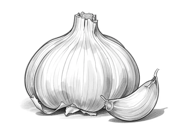 Graphite pencil sketch of a garlic bulb with peeling papery skin and two loose cloves beside it