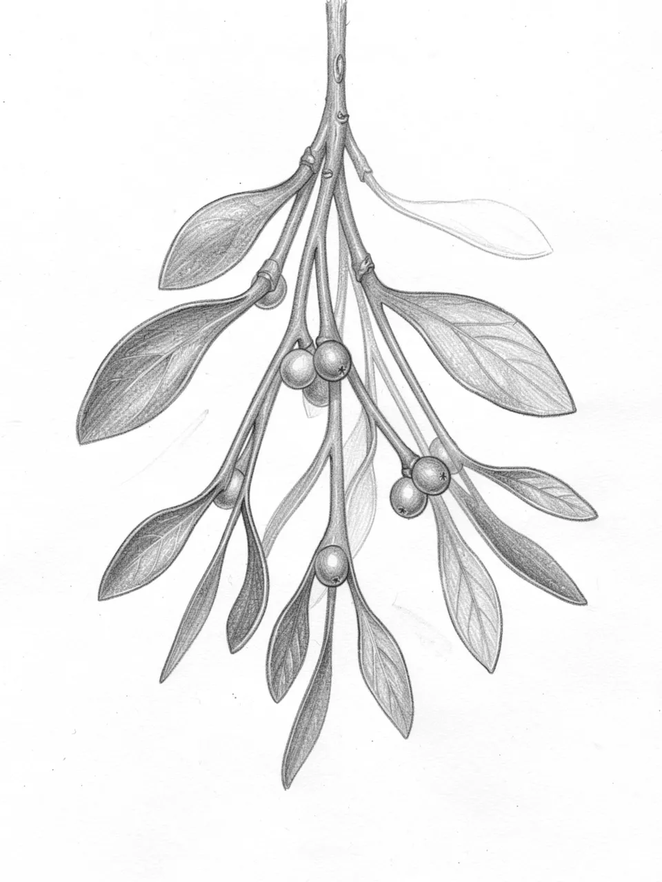 Detailed graphite pencil sketch of a hanging mistletoe bunch with leaves and round berries on plain white paper