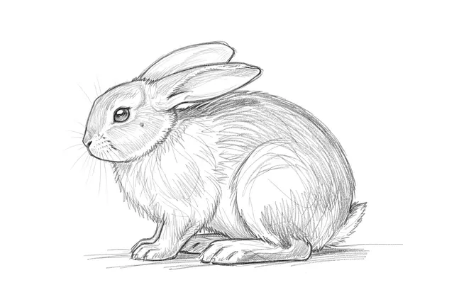 Loose graphite pencil sketch of a side view sitting rabbit against a plain white background