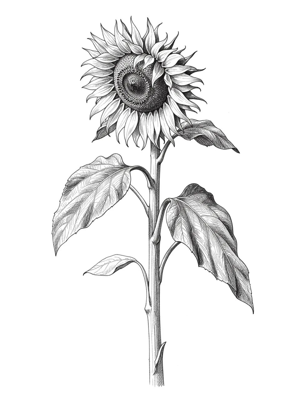 Detailed graphite pencil sketch of a tall drooping sunflower against a plain white background