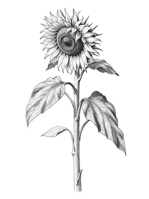 Detailed graphite pencil sketch of a tall drooping sunflower against a plain white background