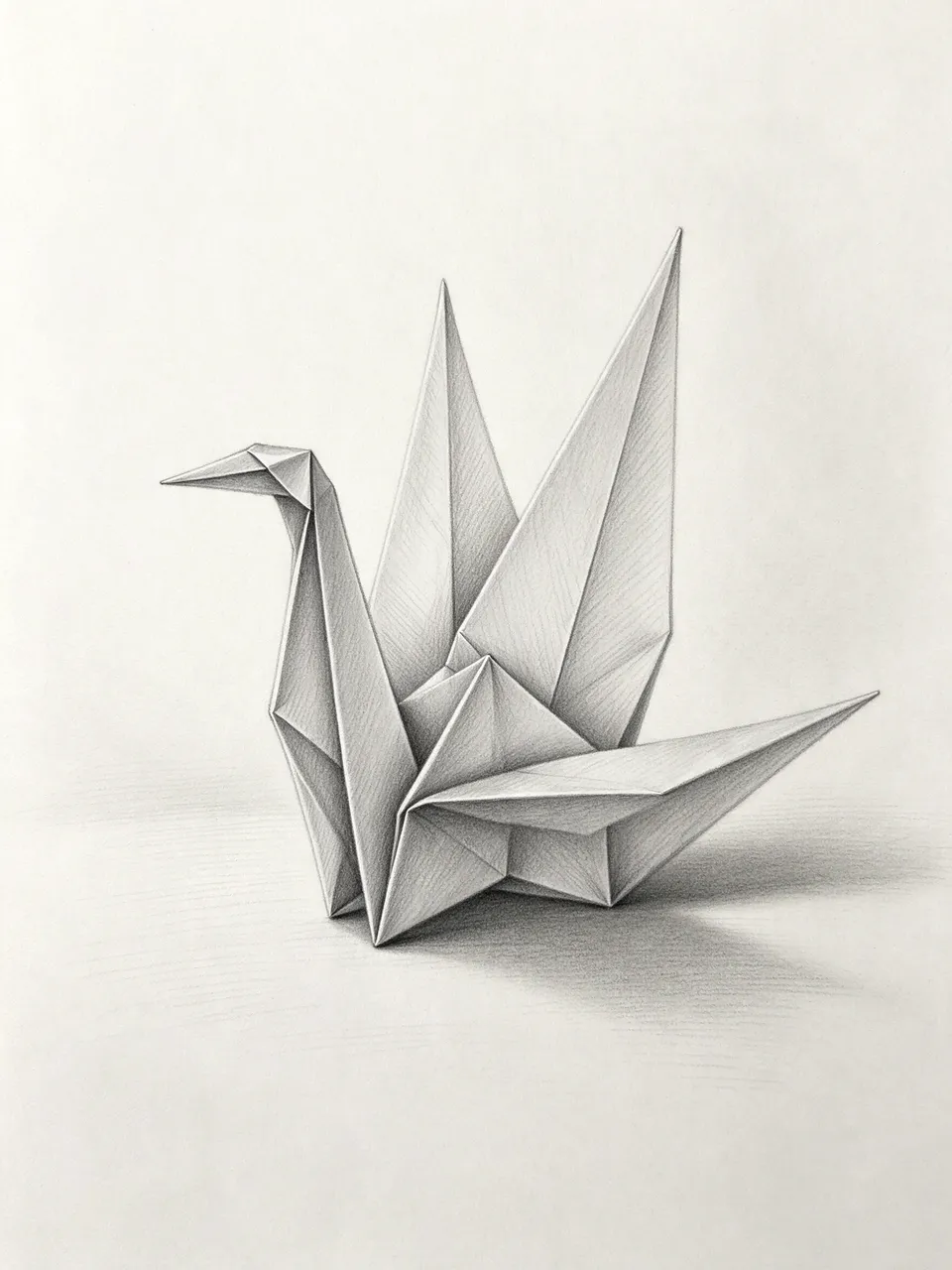 Detailed graphite pencil sketch of a folded origami crane resting on a flat surface with soft shading