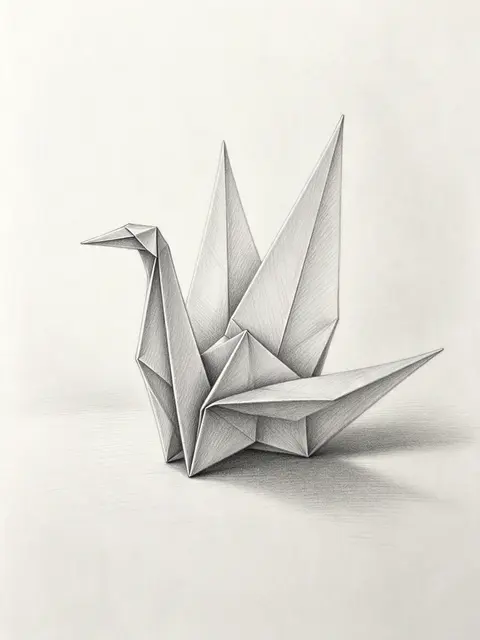 Detailed graphite pencil sketch of a folded origami crane resting on a flat surface with soft shading