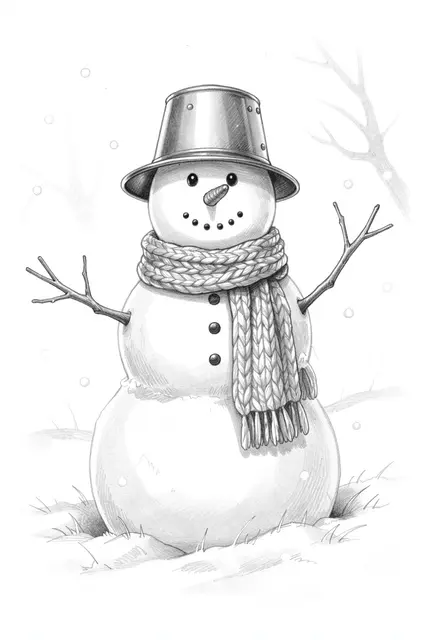 Graphite pencil sketch of a cheerful snowman with a bucket hat, knitted scarf, and twig arms standing in falling snow