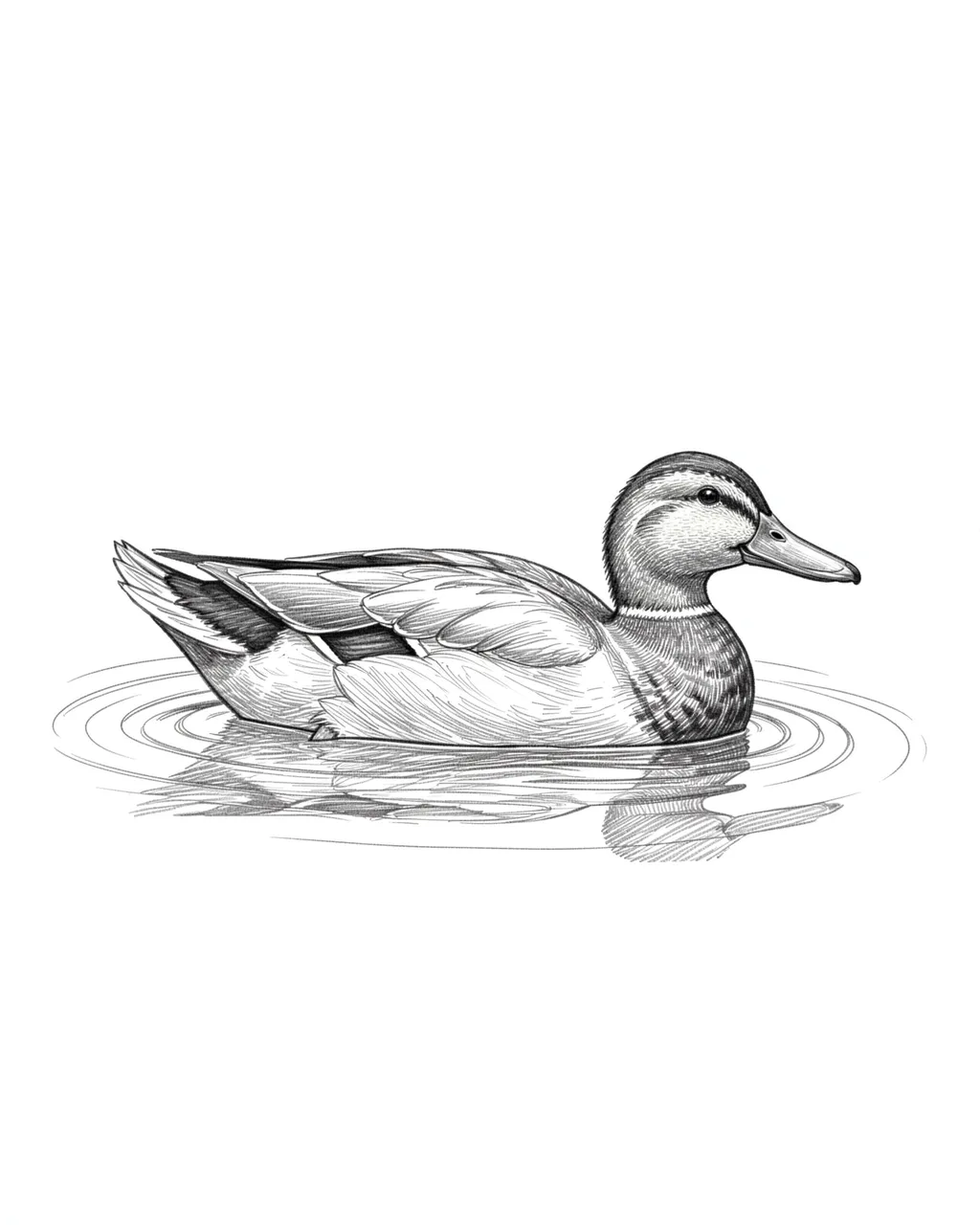 Detailed graphite pencil sketch of a side view duck floating on rippled water with a faint reflection