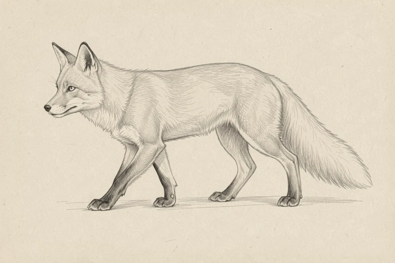 Side view graphite pencil sketch of a trotting fox on light toned paper