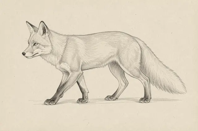 Side view graphite pencil sketch of a trotting fox on light toned paper