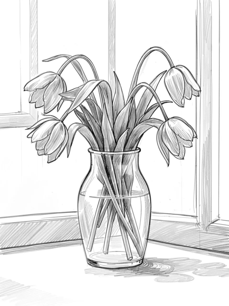 Graphite pencil sketch of drooping tulips in a glass vase resting on a windowsill