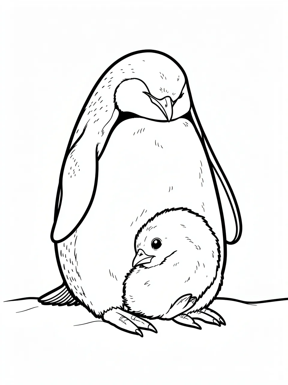 Black and white line art of an adult penguin sheltering a small chick next to its feet on a plain white background